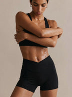 Women's Sculpting Workout Shorts 5 Inch - Black | Criss-Cross Waistband with Pocket
