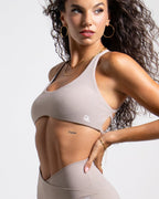 Women's Strappy Open-Back Sports Bra - Taupe | Scoop Neckline Medium Support